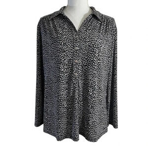 Anne Klein Leopard Print Blouse Jersey Knit Collared Gray Black Stretch Knit Top